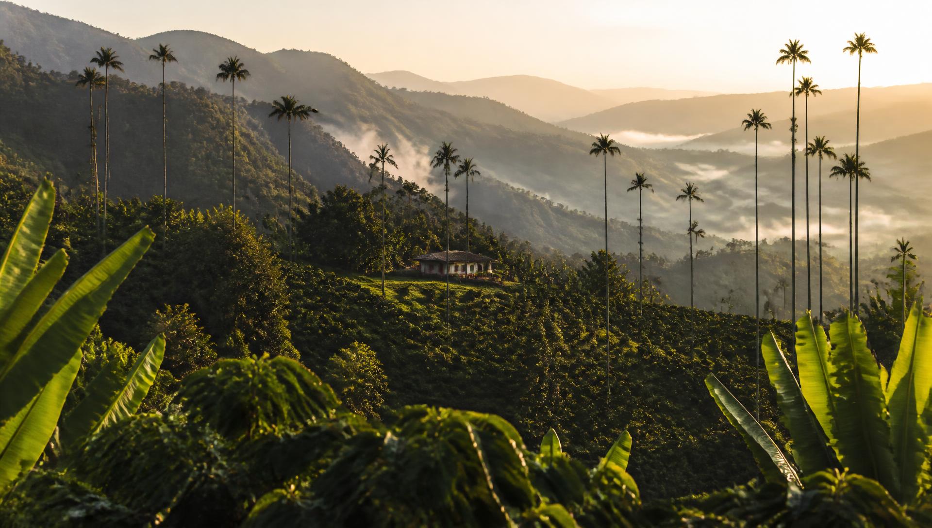 Amanecer sobre las montañas y los cafetales de Risaralda